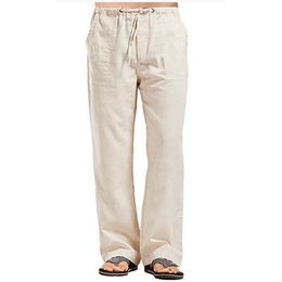 Pantalon d'été en coton et lin pour hommes, couleur unie, respirant, décontracté, taille élastique, pantalon de Fitness, 240102