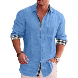 Chemises en coton et lin pour hommes blouse décontractée ample grille à manches longues t-shirt automne grande taille 5xl mode beau t 240111