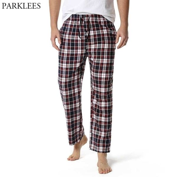 Pantalon de sommeil à carreaux en coton pour hommes Lounging Relaxed House PJS Pantalon mâle Comfy Soft Pyjama Pantalon avec cordon de serrage Bouton Fly 210522