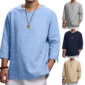 Jersey de algodón para hombre, camisas de Color sólido, informal, manga suelta de un cuarto, cuello en V, camiseta