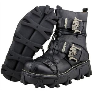 Zapatos de moto de cuero genuino de piel de vaca para hombre, botas militares de combate, botas Punk de calavera gótica