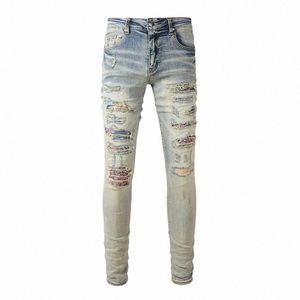 Jean de motard avec Patch craquelé pour hommes, Streetwear, Patchwork, pantalon effilé, Vintage, Denim extensible, déchiré, distré, 50I7 #