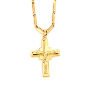 Pendentif croix pour hommes, en or jaune fin massif 18 k, breloques GF, collier avec lignes, bijoux chrétien, usine, cadeau de dieu 251F
