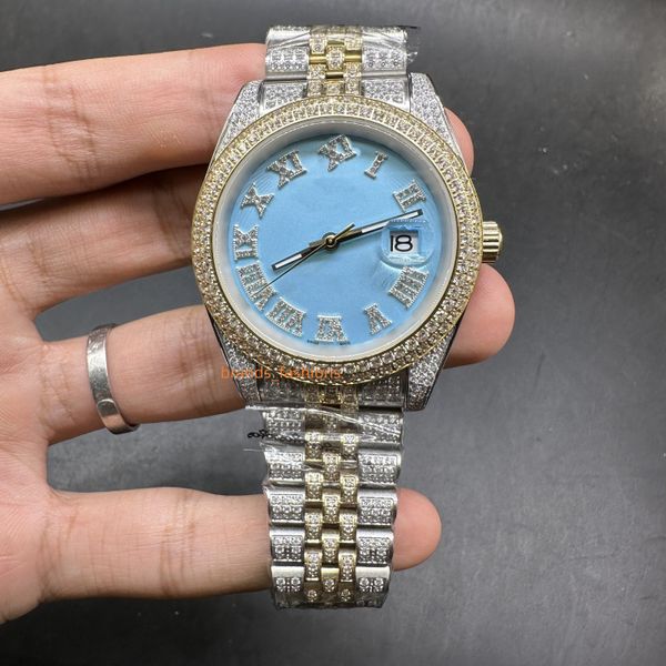 Relojes de moda con diamantes CZ para hombre, relojes de diamantes con incrustaciones de mano de acero inoxidable bi-dorado, reloj de negocios mecánico automático con esfera azul