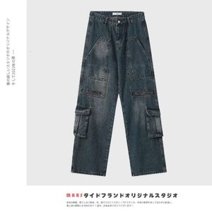 Heren denim Amerikaanse retro gewassen en versleten werkkleding jeans met meerdere zakken Losse, rechte casual broek voor heren Trend