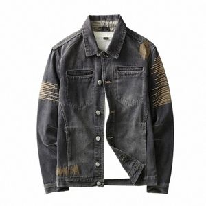 heren spijkerjasje high street trendy geborduurde revers motorjas los casual fi veelzijdige herenkleding 12RV #