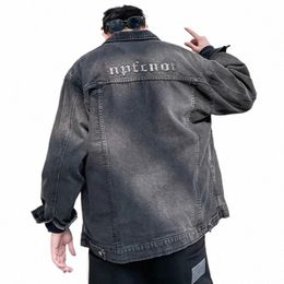 Veste en jean pour hommes Modèle Cargo Épaules larges Manteaux en jean pour hommes avec broderie Vêtements populaires coréens Fast Deery One Piece G o9R5 #