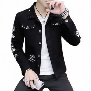 Veste en jean pour hommes Rivet Blanc Slim Fit Mâle Jean Manteaux Punk Board Coréen Vêtements Populaires Vêtements de sortie d'hiver G Fi Original q54z #