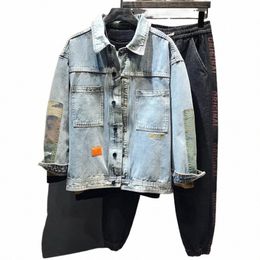 Veste en jean pour hommes manches larges avec broderie mâle jean manteaux cargo automne lâche luxe livraison gratuite corée esthétique bas prix n8fa #