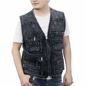 Veste en jean pour hommes Veste bleu foncé Noir Sleevel Truck Driver Cycliste Denim Jacket Multi-poches Zipper Sleevel Vest z6ks #