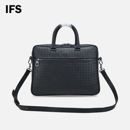 Heren Design Vrije tijd High-end Zakelijk Geweven Leer Draagbare Aktetas Grote Capaciteit Rits Enkele Schouder Crossbody Commuter Tote Bag Zwart Commuter