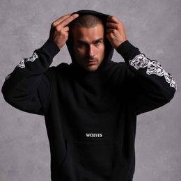 Sweats à capuche pour hommes Vintage Wolf Head Manches Bord imprimé Sweats à capuche Mode Automne Hiver Hommes et Pull Femme