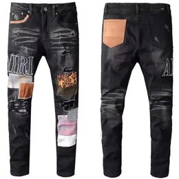 Heren designer jeans borduurwerk hiphop joker denim broek mannen gebroken gat patch elastische slanke voeten potlood broek l6
