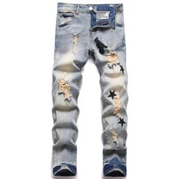 Jean designer masculin Broderie Hip Hop Joker Denim Pantalons Mens Broken Hole Patch élastique Feet mince pantalon crayon Vintage Vintage Mâle