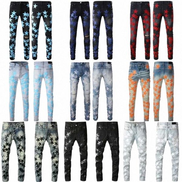 Designer Miris Jeans Stars Ripped Biker Slim Straight Jeans Hommes Imprimé Femmes Armée Mode Hommes Leggings Taille 28-40 E8kF #