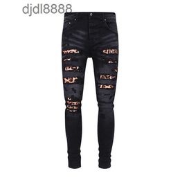 Pantalones de diseñador para hombre AM negro azul esponjoso estampado de leopardo patchwork jeans para hombre slim fit pies pequeños calle alta lavado elástico SLP