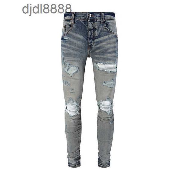 Pantalons de créateurs pour hommes AMIRCA Marque tendance Couleur claire Vache lavée et usée Patchwork MX1 Élastique Slim Fit Jeans Mens High Street Instagram