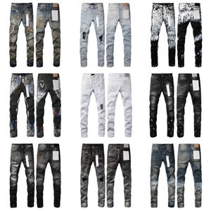 Jeans morados de diseñador para hombre, jeans rectos delgados con motocicleta rasgada y desgastada, pantalones doblados con tinta salpicada, estampado para hombre para hacer medias de hombre a la antigua usanza, tamaño 28-40