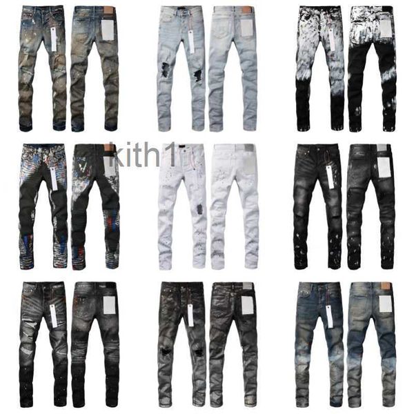 Designer pour hommes Purple Jeans Détresse Ripped Moto Slim Straight Splash-Ink Pantalon plié Imprimer pour faire des collants de mode ancienne Taille 28-40 JH4G