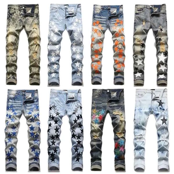 Designer Skinny Jeans Summer Fashion Pantalons de survêtement stretch Pantalons skinny Casual Stars Pattern Pantalons déchirés surdimensionnés