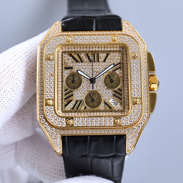 Reloj de diamantes para hombre, cronógrafo de cuarzo, tamaño 45 mm, reloj de zafiro, esfera de negocios con conjunto completo de diamantes, reloj de lujo boutique Los hombres exitosos tienen un reloj de diseñador Reloj de regalo