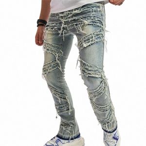 Heren Distred Ripped Denim Broek Mid Taille Straight Fit Vernietigd Wed Skinny Jeans Stretch Gestapelde Broek Streetwear K3UN #