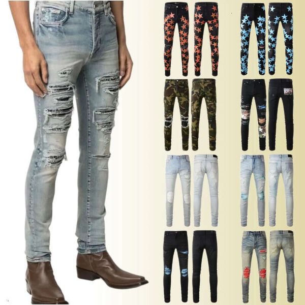 Jeans ajustados desgastados desgastados para hombre Moda para hombre Motocicleta Moto Long Off Algodón Pies delgados High Street Denim Light Blue Paste Cloth333891429
