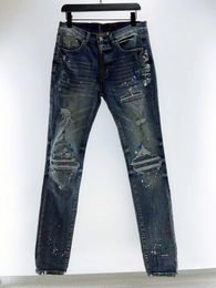 Jean Skinny déchiré en détresse pour hommes, jean Slim à éclaboussures d'encre, pantalon en Denim décontracté, Hip Hop