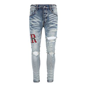 Jeans pour hommes en détresse moto motard jean Rock Skinny Slim déchiré trou lettre Top qualité marque Hip Hop Denim Pants28-40