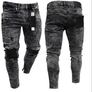 Distressed Stretch Ripped Biker Hommes Hip Hop Slim Fit Trous Punk Denim Coton Pantalon Zipper Jeans T200608