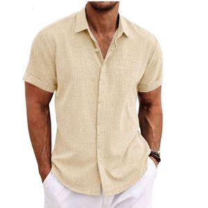 Cardigan de coton et de lin à double poitrine pour hommes, chemise de haute qualité, chemise à revers à manches courtes M515 32