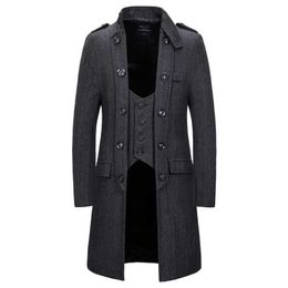 Heren Double Breasted Herringbone Tweed Wol Blend Lange Trench Coat Fake Tweedelige Stand Kraag Formele Business Windbreaker 2XL 210522