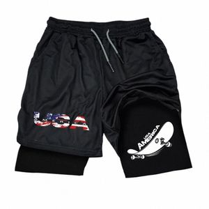 Hommes Double Couche Fitn Shorts USA Lettre Imprimer Shorts Summer Gym Training 2in1 Sports Séchage rapide Entraînement Jogging Pantalon court m8pP #