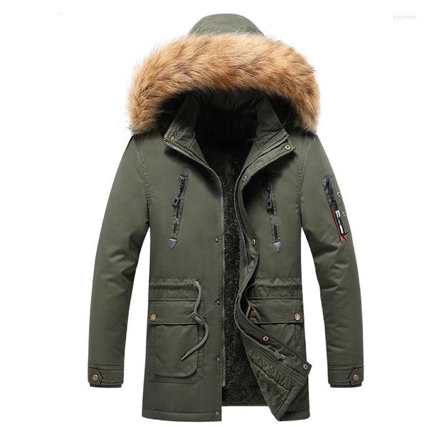 Parkas de plumón para hombre 2023 de color verde militar, chaquetas cálidas con forro de lana para invierno, Parka con capucha y cuello de piel para hombre, abrigos gruesos informales para hombre XXXL