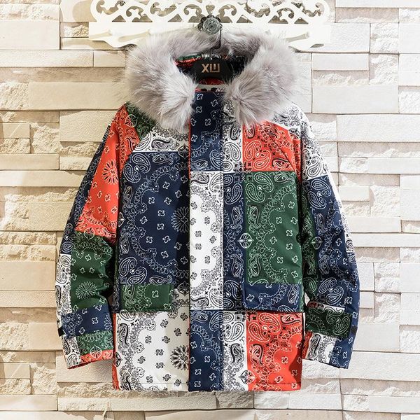 Bloc de couleur imprimé de noix de cajou pour hommes patchworks coton parkas streetwear streetwear harajuku hip hop hommes vestes à capuche épaisses lâches