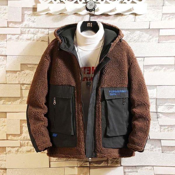 Chaqueta de manga larga con capucha de terciopelo grueso y cálido de invierno para hombre, abrigo de piel de cordero de piel de ciervo superior, cuero 11,7