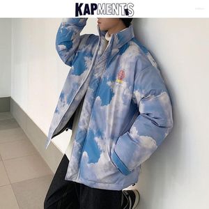 Heren down kapments mannen Japanse streetwear geprinte jassen jassen 2023 winterjas heren hiphop windjager parkas man blauw harjuku jas