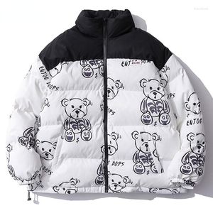 Chaqueta de invierno con estampado de oso de dibujos animados para hombre, chaqueta de mujer de retales Harajuku, Parka acolchada sencilla de gran tamaño a prueba de viento, prendas de vestir cálidas holgadas