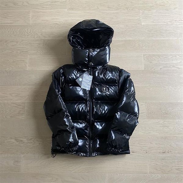 Hombres Abajo Hombres Mujeres Abrigos Sudadera con capucha Cremallera Chaqueta Bordado de letras Brillante Negro Irongate Capucha desmontable de calidad superior