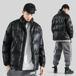 Parkas pour hommes 2022 hiver coton rembourré veste en cuir PU décontracté mince Bomber hommes chaud Parka hommes vestes et manteaux bouffants B353