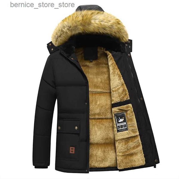 Parkas pour hommes 2023 Nouveaux hommes hiver Parka polaire doublé épais chaud à capuche col de fourrure manteau mâle taille 5XL veste en peluche automne travail outwear noir Q231206