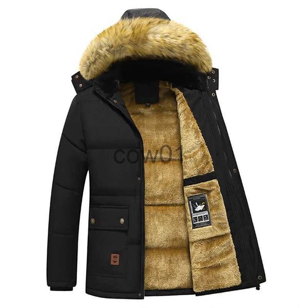 Parkas pour hommes 2023 Nouveaux hommes hiver Parka polaire doublé épais chaud à capuche col de fourrure manteau mâle taille 5XL veste en peluche automne travail outwear noir J231111