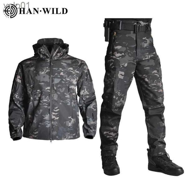 Parkas pour hommes 5XL Vêtements tactiques Vestes + Pantalons Hommes Veste polaire douce Armée Coupe-vent Camo Costume de chasse Coupe-vent Militaire Randonnée ClothL231115