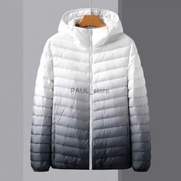 Parkas de plumón para hombre Chaqueta de plumón para hombre de otoño e invierno 90 plumón de pato blanco con capucha chaqueta de plumón ligera chaqueta de plumón con gradiente cálidoL231209