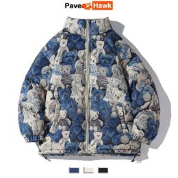 Parkas pour hommes en coton rembourré veste hommes ours peinture à l'huile motif Parka Hip Hop rue hiver décontracté rétro vêtements d'extérieur chaud col montant manteau femmes 231020