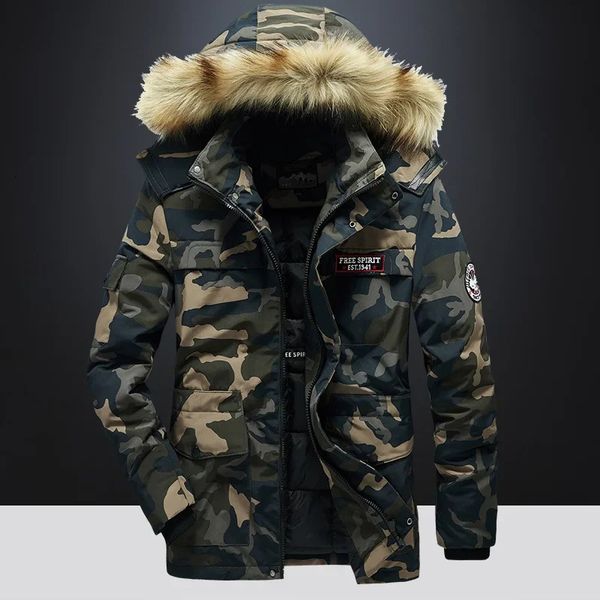 Parkas de plumón para hombre para invierno, chaqueta de camuflaje con cremallera y carga militar, ropa con capucha de piel gruesa y cálida para hombre, abrigo de gran tamaño 4XL 5XL 231213