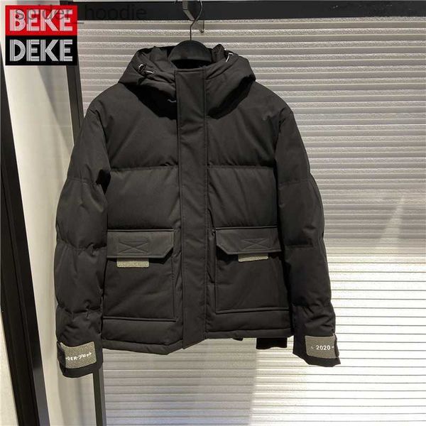 Parkas pour hommes Style coréen Slim noir Cargo à capuche manteau hommes col montant rue d'hiver chaud blanc canard doudoune fermeture éclair vêtements d'extérieur S-2XL L230926