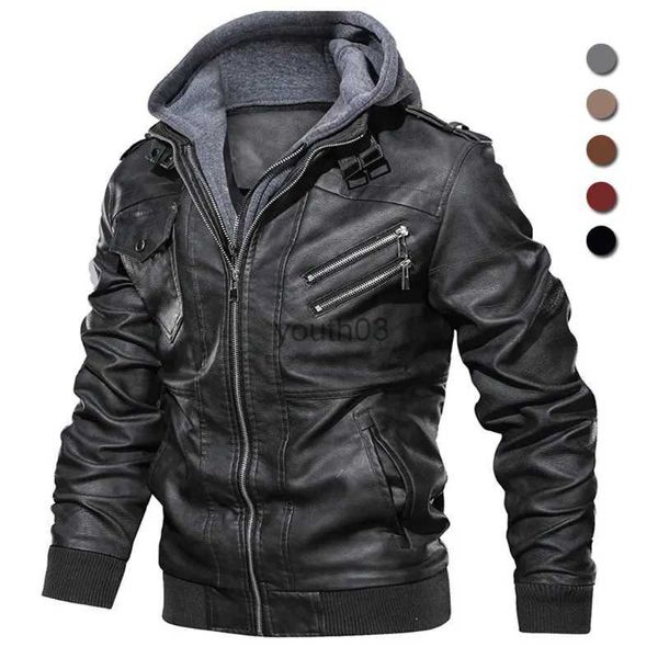 Parkas de plumón para hombre de cuero de imitación de negocios delgadas 2023 chaqueta de motocicleta con cremallera para hombre marca militar con capucha chaquetas de PU abrigo de otoño talla grande S-5XL YQ231106