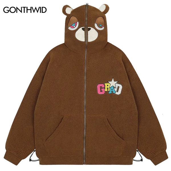 Parkas pour hommes Hommes en peluche Teddy Bear Veste avec oreilles Streetwear Hip Hop Broderie Full Zip Up Fuzzy Polaire Laine d'agneau Moelleux Épais Manteaux Chauds 231219