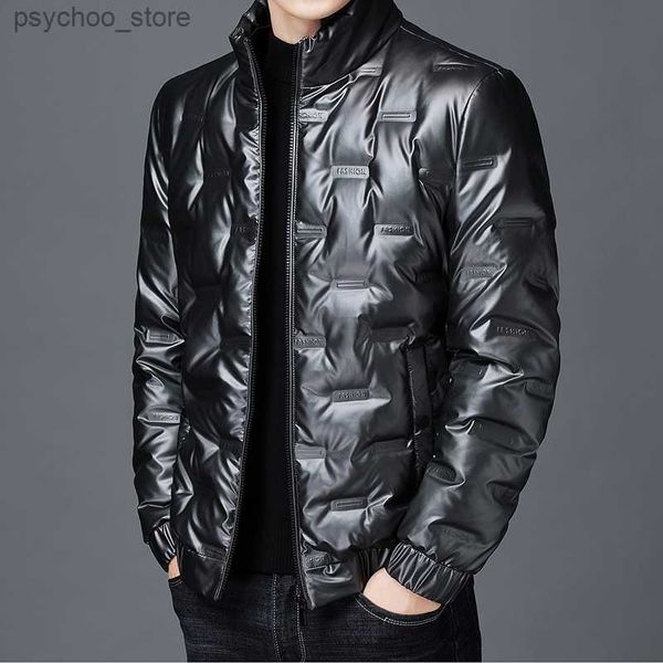 Parkas de plumón para hombre Chaqueta de plumón de moda de cuero brillante para hombre Invierno 2022 Nuevo Cuello alto informal Chaqueta corta de plumón de pato blanco para hombre gris azul negro Q230831